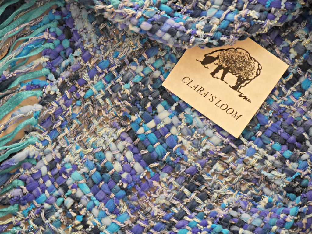 Hand-woven shades of blue fashion bib at Clara's Loom. @FanningSparks