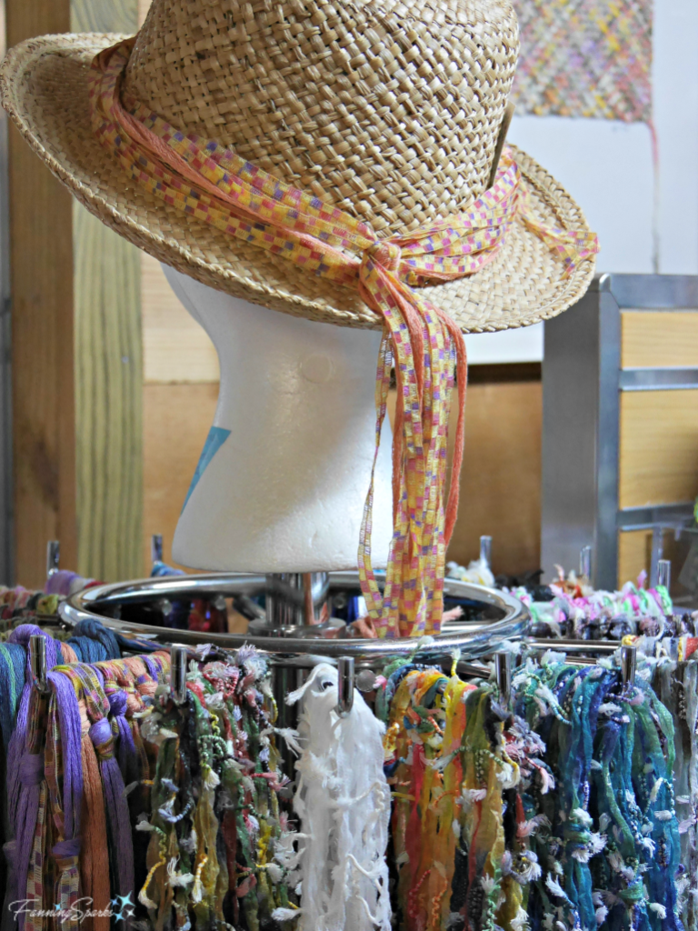 Ribbon and yarn hat ties at Clara's Loom @FanningSparks