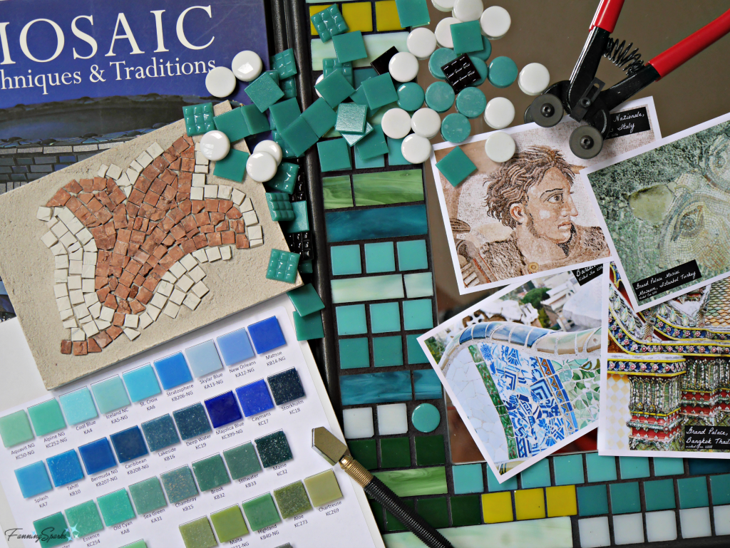 Mosaic collage including mosaic-trimmed mirror, mosaic tiles, tile sample board, tools, and photos of ancient mosaics. @FanningSparks