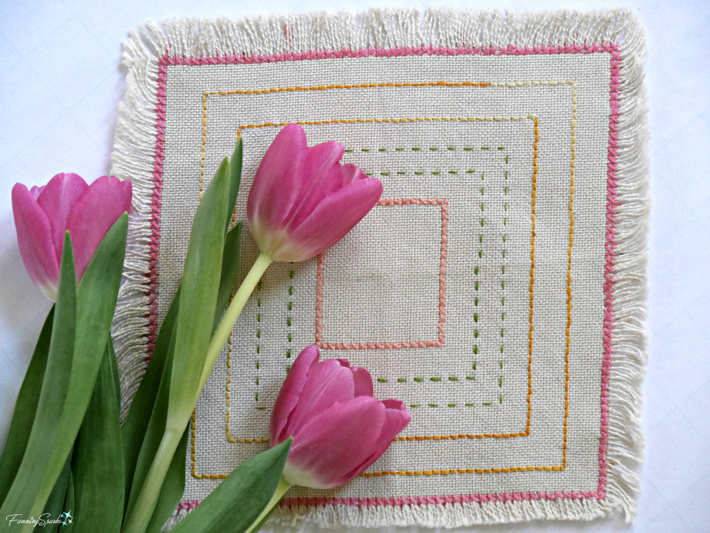 Beginner embroidery sampler with cross and running stitches. @FanningSparks