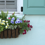 Window box with pansies against aqua wall @FanningSparks