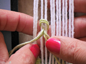 Tying the rya knot for the fringe on the DIY woven statement necklace. @FanningSparks