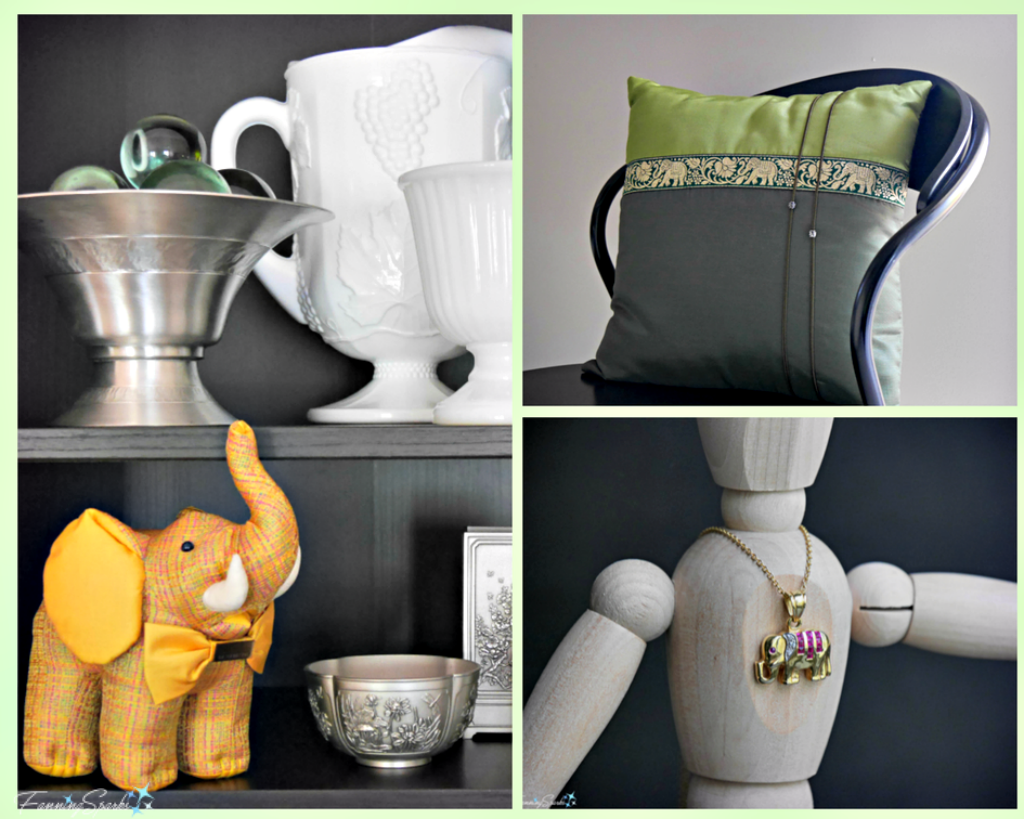 Elephant-themed items in my home include stuffed silk elephant, a silk pillow with gold elephant trim and a gold and ruby elephant pendant. @FanningSparks