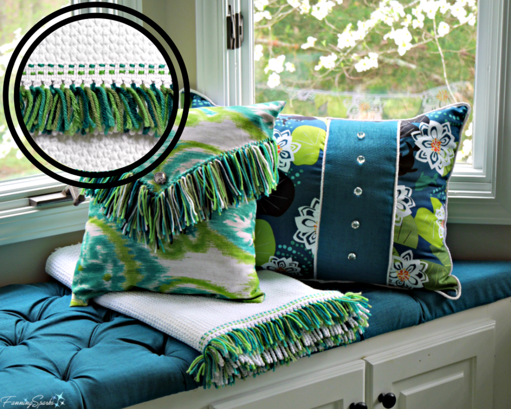 DIY pillows on window seat. Blanket embellished with running stitch and fringe in matching yarns. FanningSparks