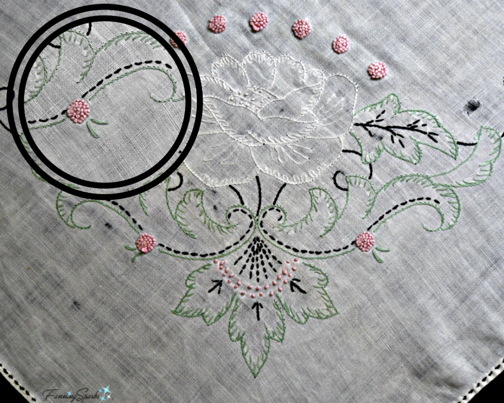 Vintage hand-embroidered tablecloth featuring perfectly executed running stitches. @FanningSparks