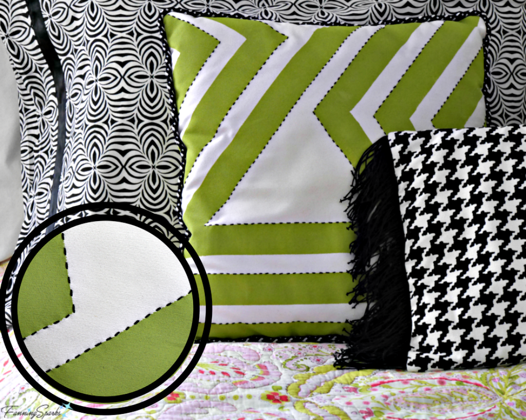 DIY pillows featuring painted pillow with hand-sewn running stitch accent. @FannngSparks