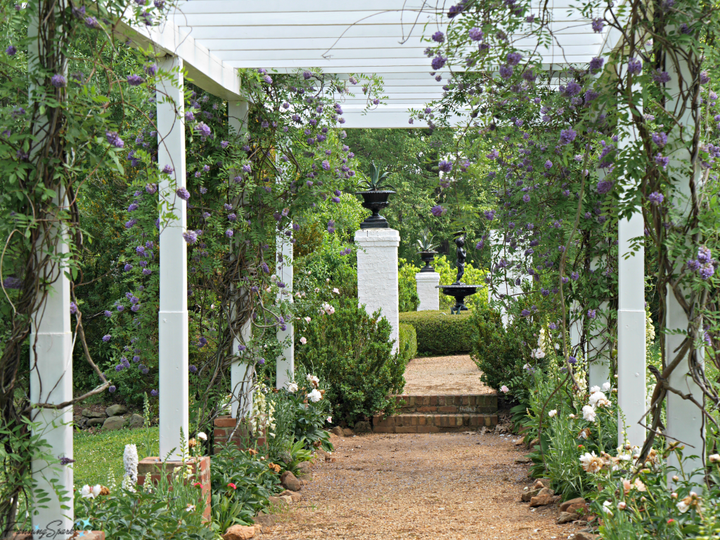 Thoughtfully placed fountain is the perfect focal point in the pergola's line of sight. @FanningSparks