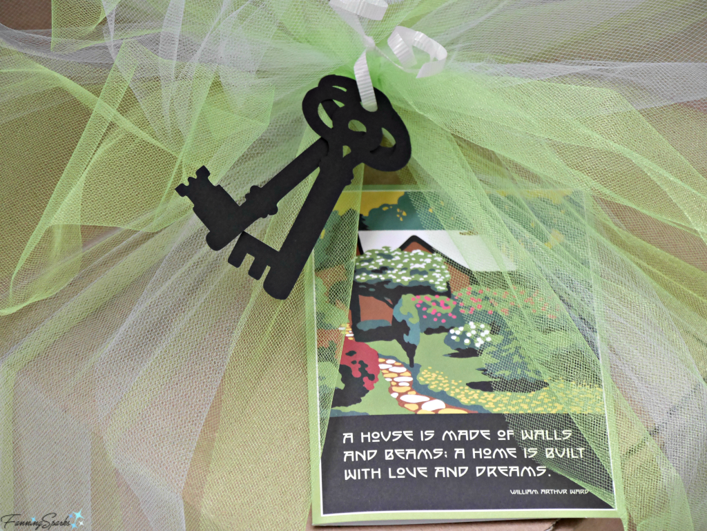 Open Me First package dressed up with tulle ribbon, paper keys and greeting card. @FanningSparks