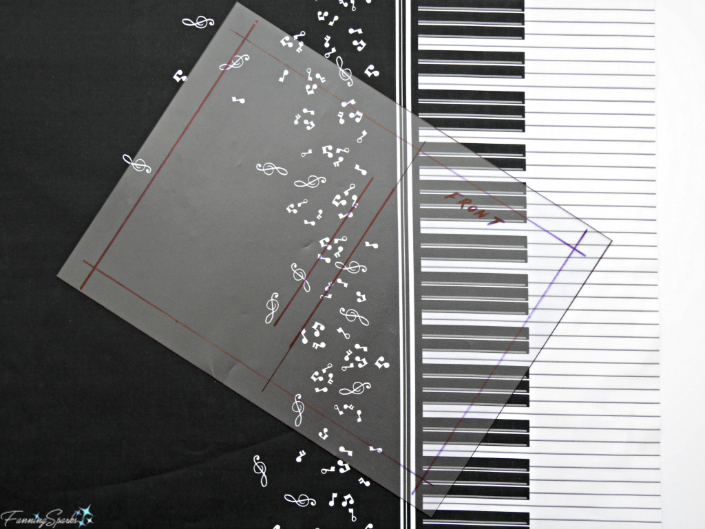 Using Template to Determine Placement of Music Fabric Design for DIY Personalized Fabric-Covered Journal. @FanningSparks