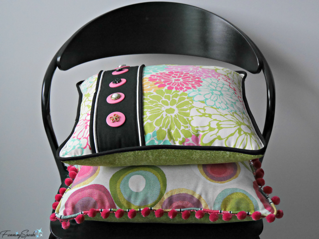 Bespoke Pillows Embellished with Trim, Contrasting Fabric, Buttons and Piping. @FanningSparks