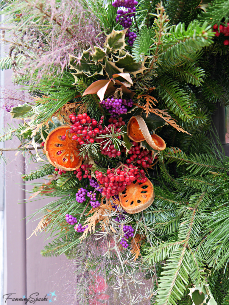 Closeup of Biltmore Holiday Wreath Featuring Dried Quince and Red Berries. @FanningSparks