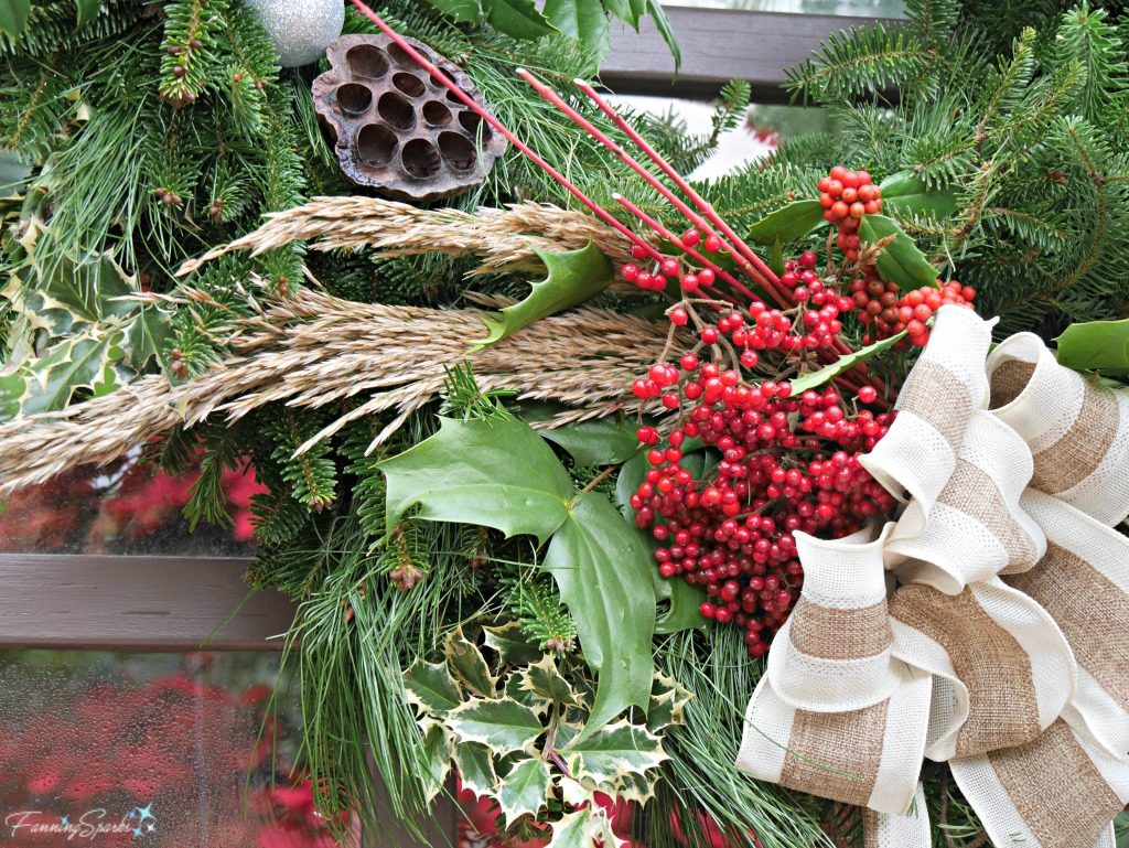 Closeup of Biltmore Holiday Wreath Featuring Osage Oranges and Red Berries. @FanningSparks