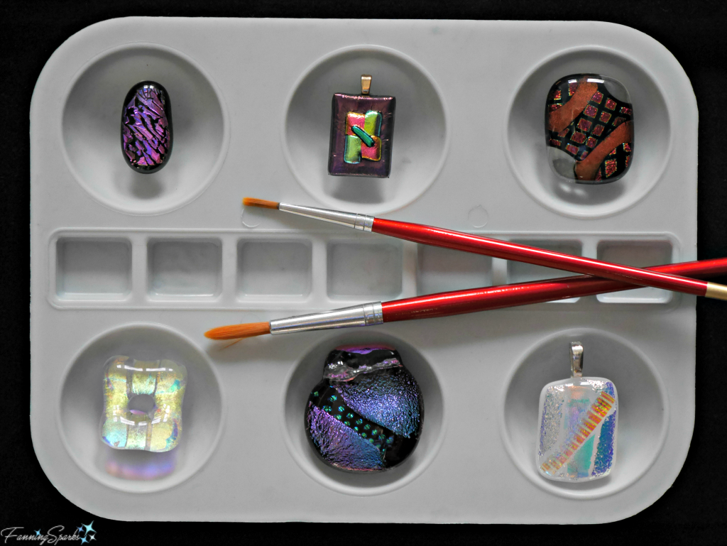 A Painters Palette Full of Dichroic Glass Pendants by Cat Martin. @FanningSparks