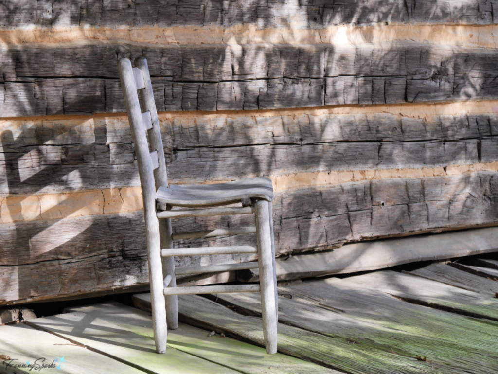 Time-worn Chair on Log Cabin Porch at John C Campbell Folk School.   @FanningSparks