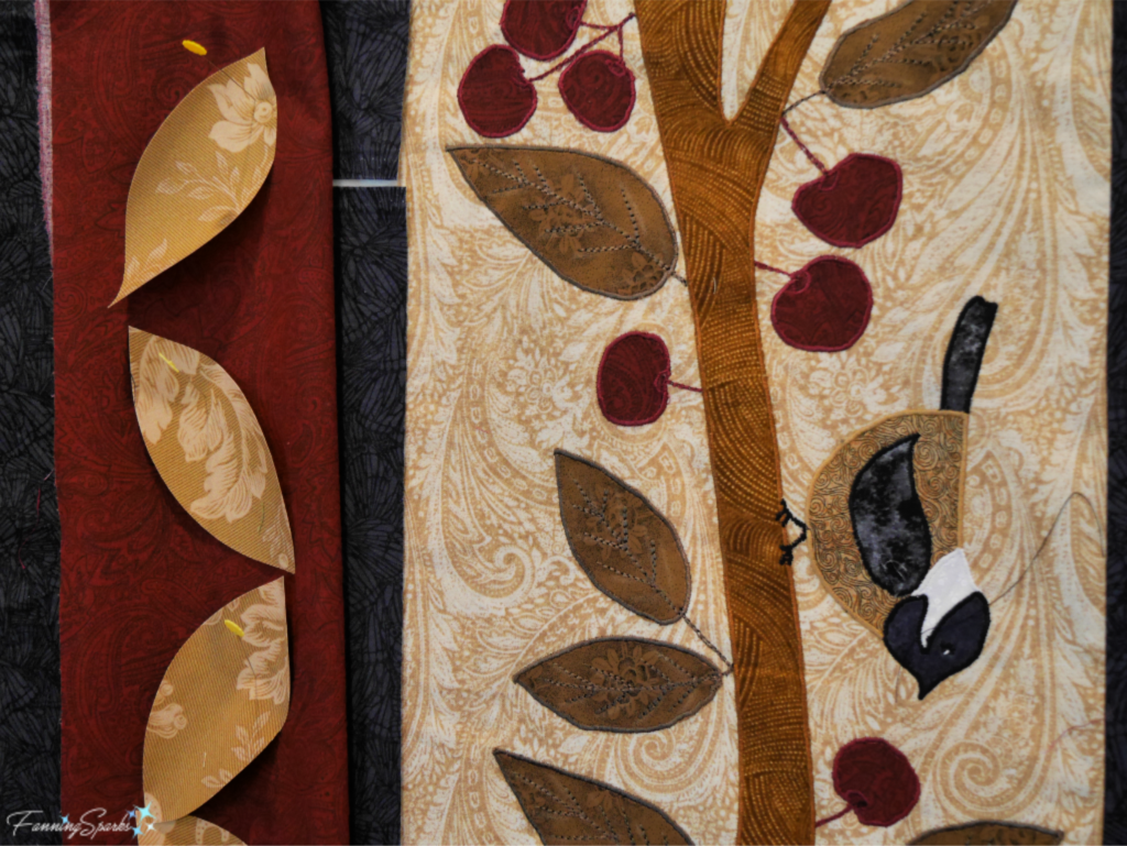 Closeup of Chickadee-Themed Quilt In Progress by Anne Morrell Robinson. @FanningSparks