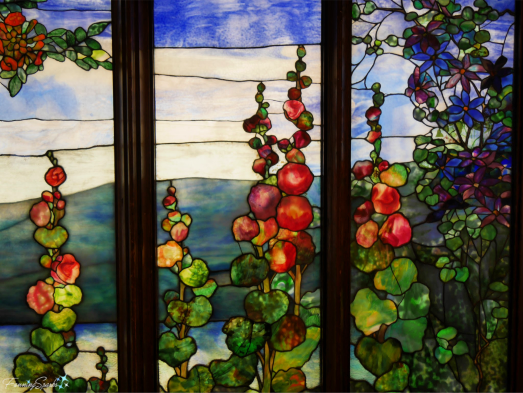 Tiffany Stained Glass Window Details: Hollyhocks in the Hudson River landscape.   @FanningSparks