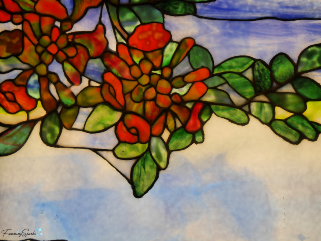 Tiffany Stained Glass Window: Trumpet Vine Details in Hudson Valley Landscape Window.   @FanningSparks