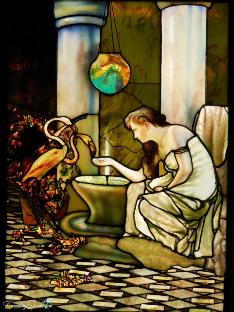 Tiffany Stained Glass Window: Maiden Feeding Flamingos.   @FanningSparks