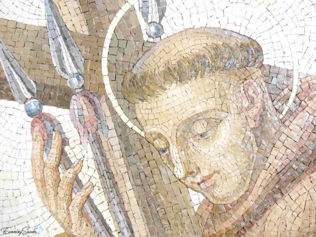 Mosaic Sample Showing Monk and Cross at Studio Cassio in Rome Italy.   @FanningSparks