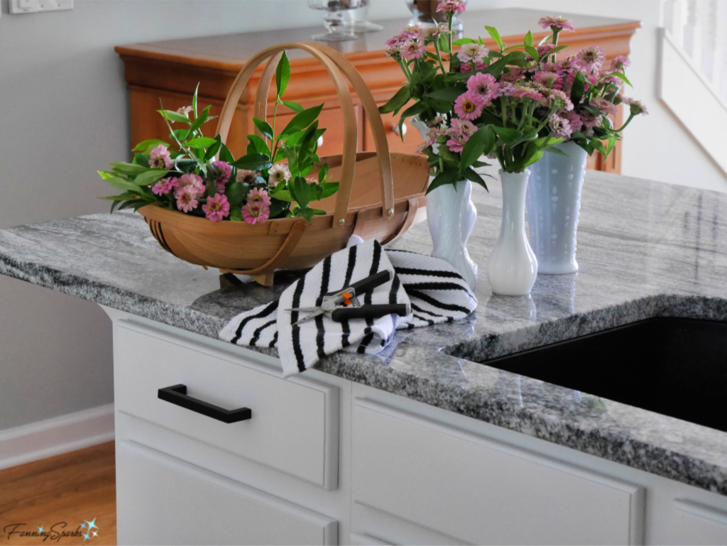 Arranging Zinnia Flowers at Kitchen Counter.   @FanningSparks