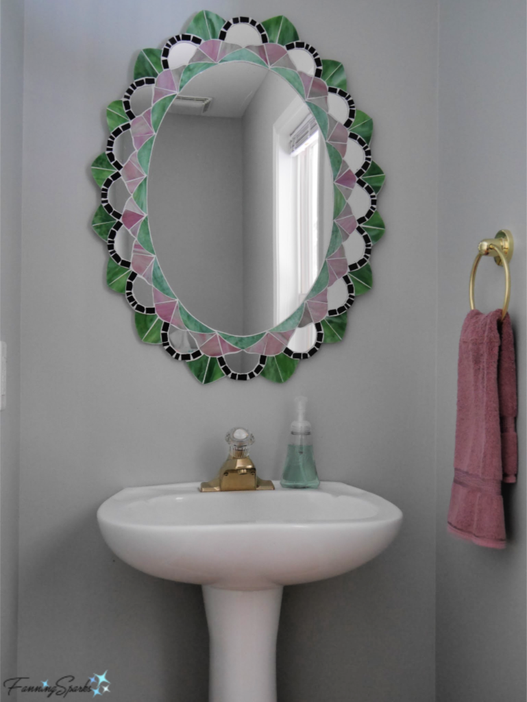 Mandala-Inspired Oval Mosaic Mirror in Half Bathroom. @FanningSparks