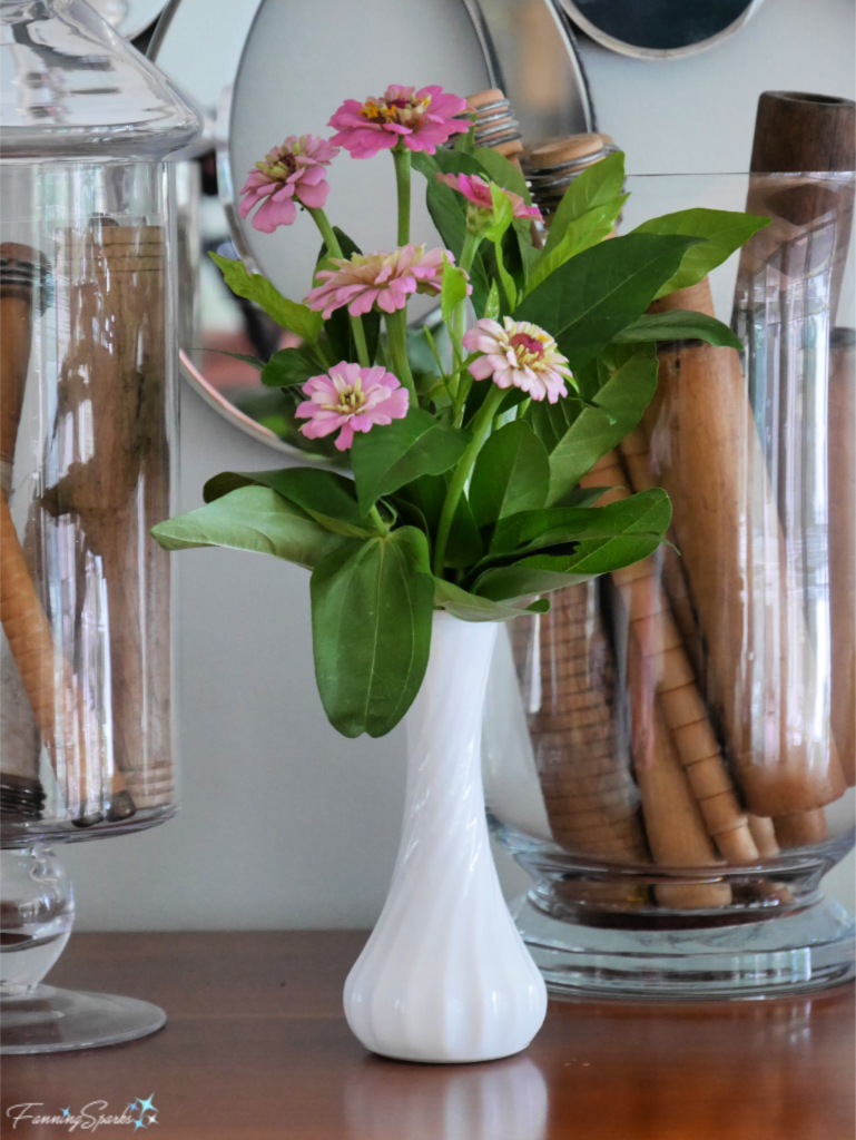 Small Vase of Zinnias Brightens the Buffet.   @FanningSparks