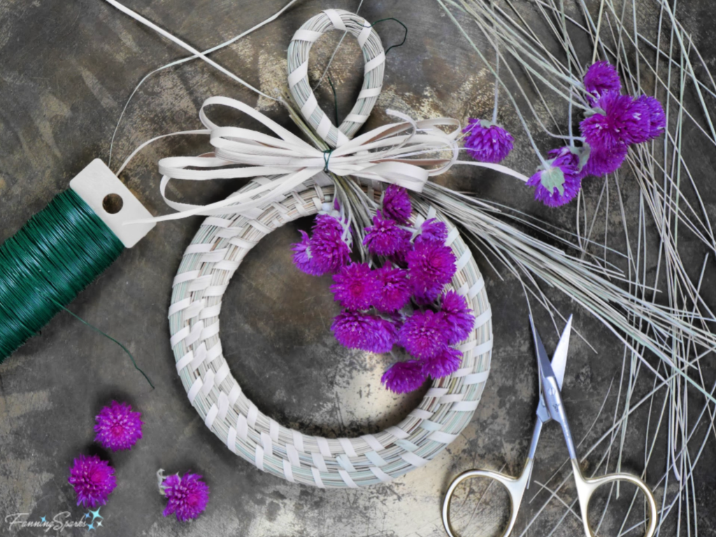 Decorating Sweetgrass Wreath with Dried Globe Amaranth Flowers.   @FanningSparks
