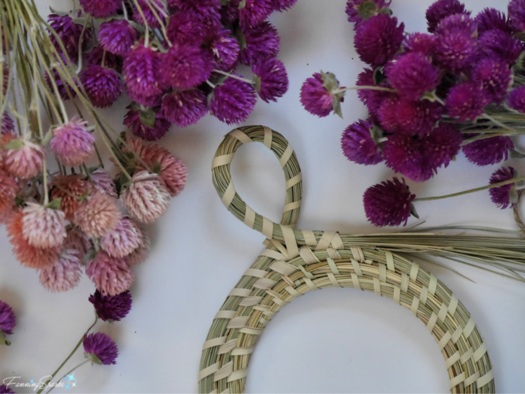 Dried Globe Amaranth Flowers with Sweetgrass Wreath.   @FanningSparks