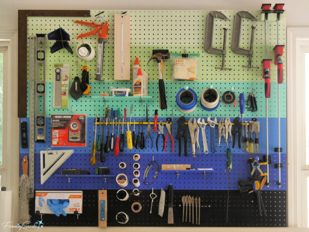 Tip 2 to Gussy Up a Workshop – Install and Maximize a Pegboard.  @FanningSparks