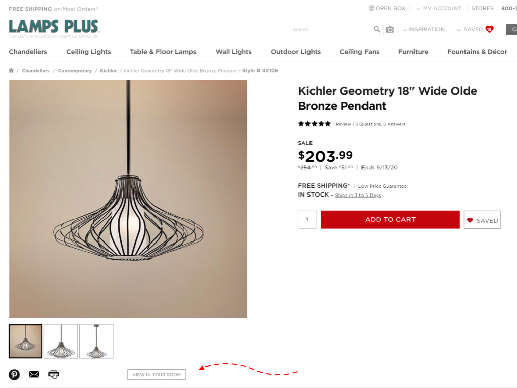 Screenshot of LampsPlus View In Your Room Option   @FanningSparks
