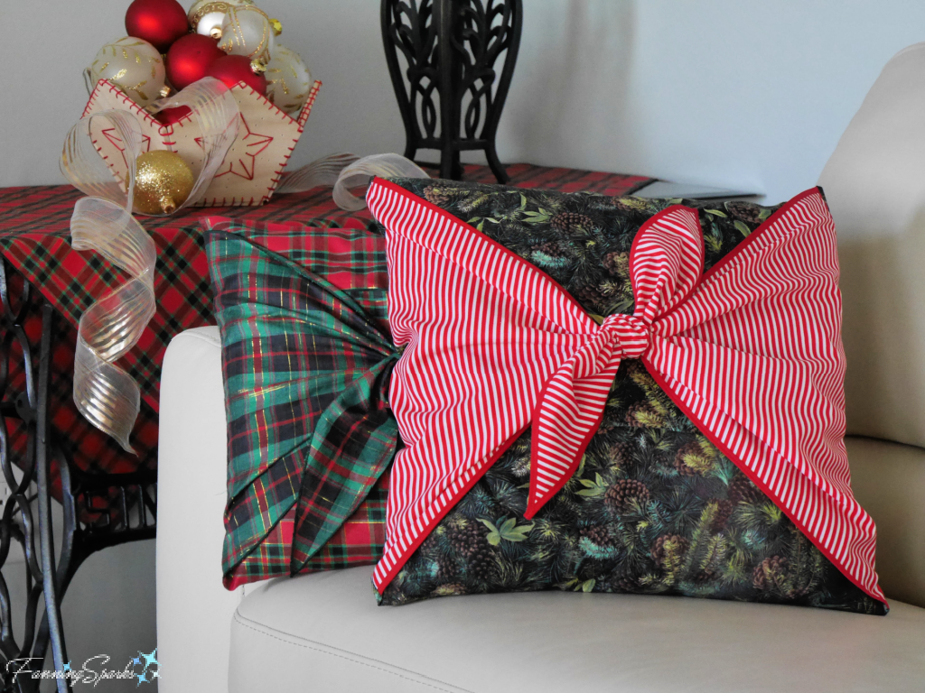 Plaid and Striped Festive Pillow Cover-ups on Sofa   @FanningSparks
