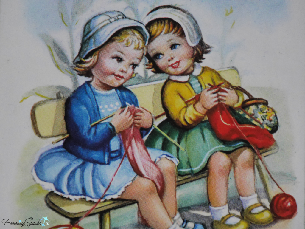 Two Girls Knitting Vintage Postcard   @FanningSparks