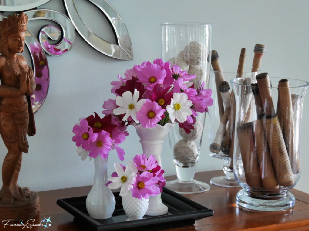 Vases of Cosmos with Vintage Spindles   @FanningSparks