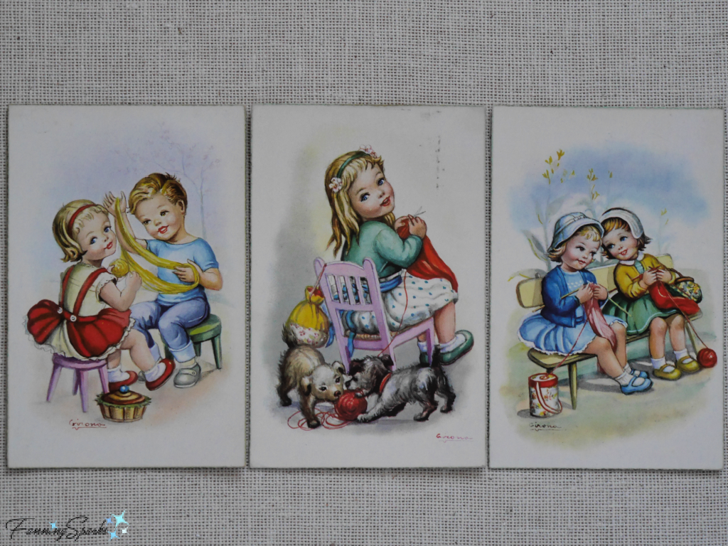 Children Knitting Set of 3 Vintage Postcards   @FanningSparks