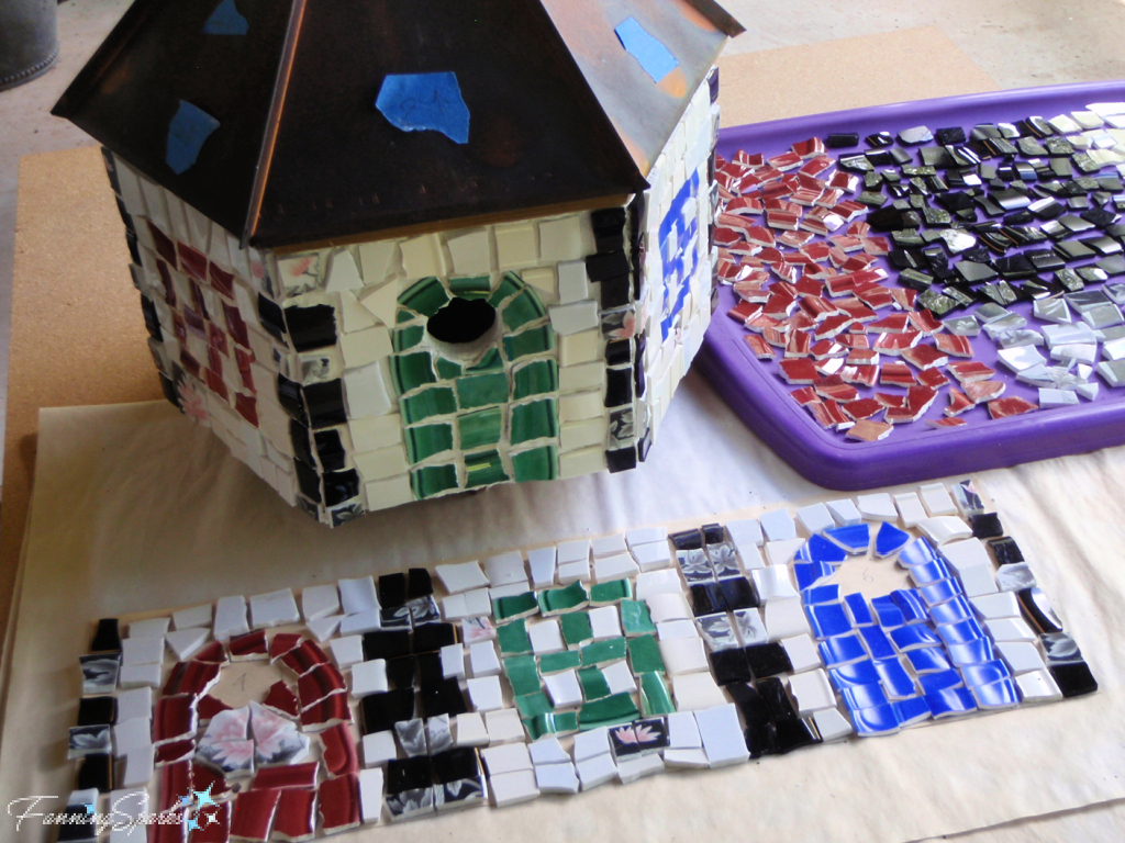 Use Thinset Mortar to Attach Tesserae – From Broken China Birdhouse   @FanningSparks