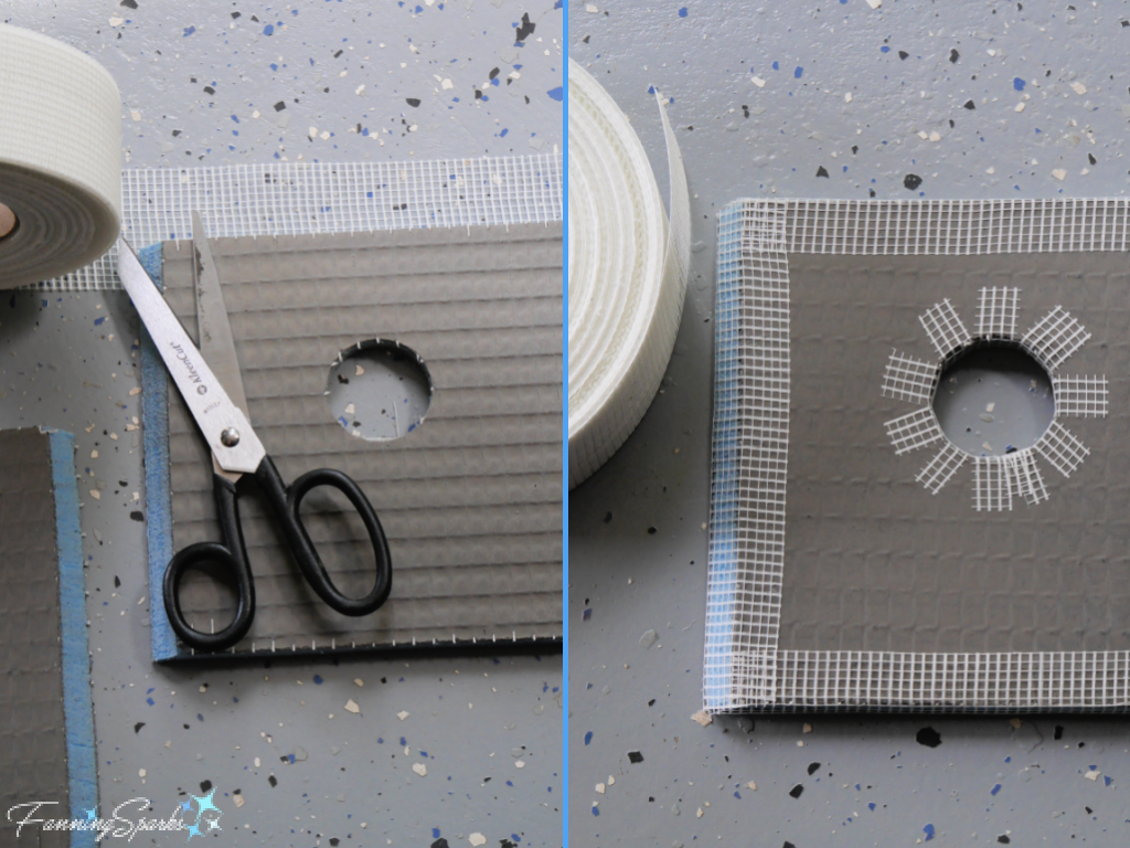 Wrap Wedi Board Edges with Fibatape – For Broken China Birdhouse   @FanningSparks