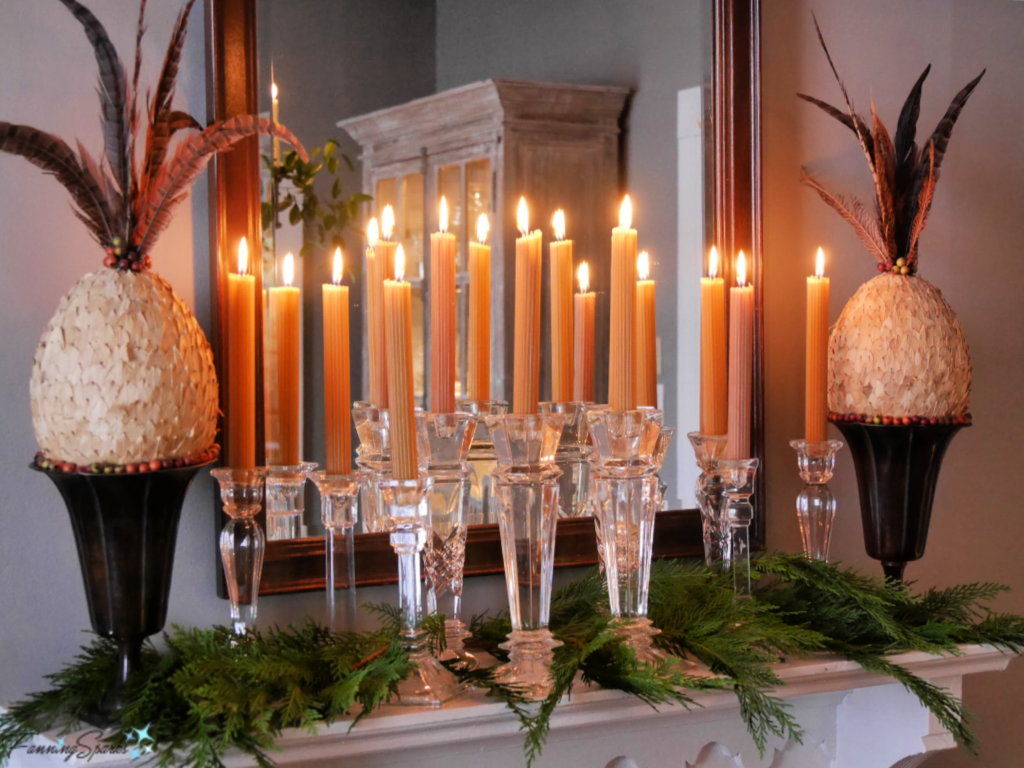 Candles on Mantel at Brick Cottage   @FanningSparks