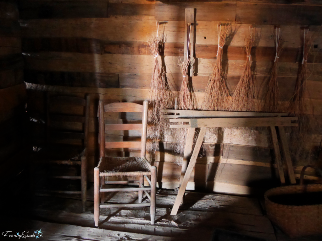 Peek Inside Log Museum – Old Rocking Chair and Drying Plants at the John C Campbell Folk School   @FanningSparks