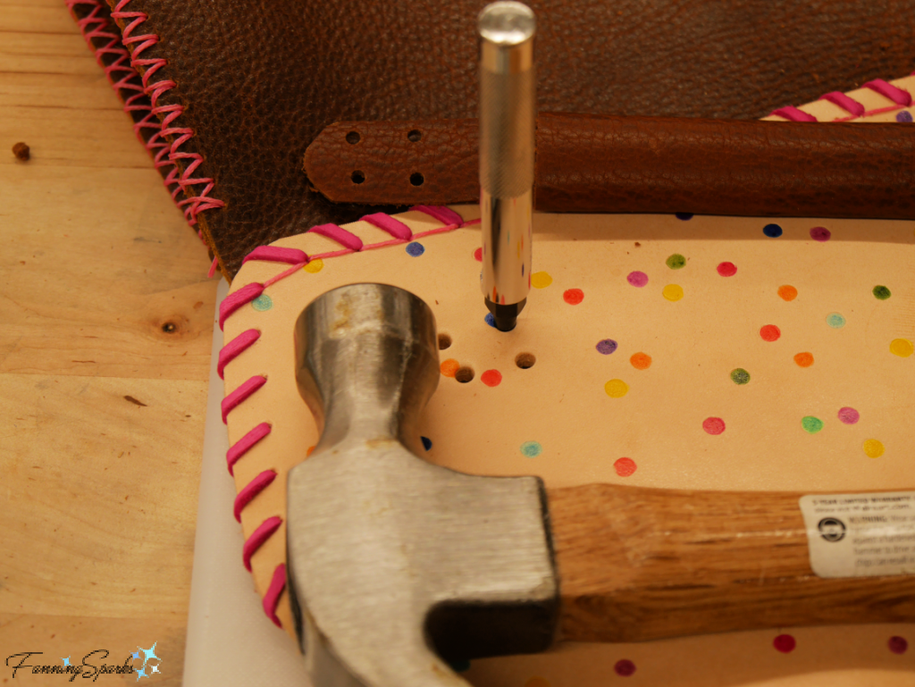 Punching Holes for Handle on my Whimsical Leather Camera Bag   @FanningSparks