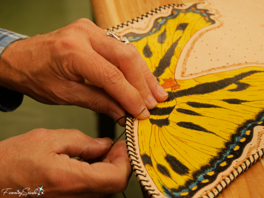 Tom Slavicek – Black Eagle Leather – Stitches a Butterfly Wing Bag   @FanningSparks  