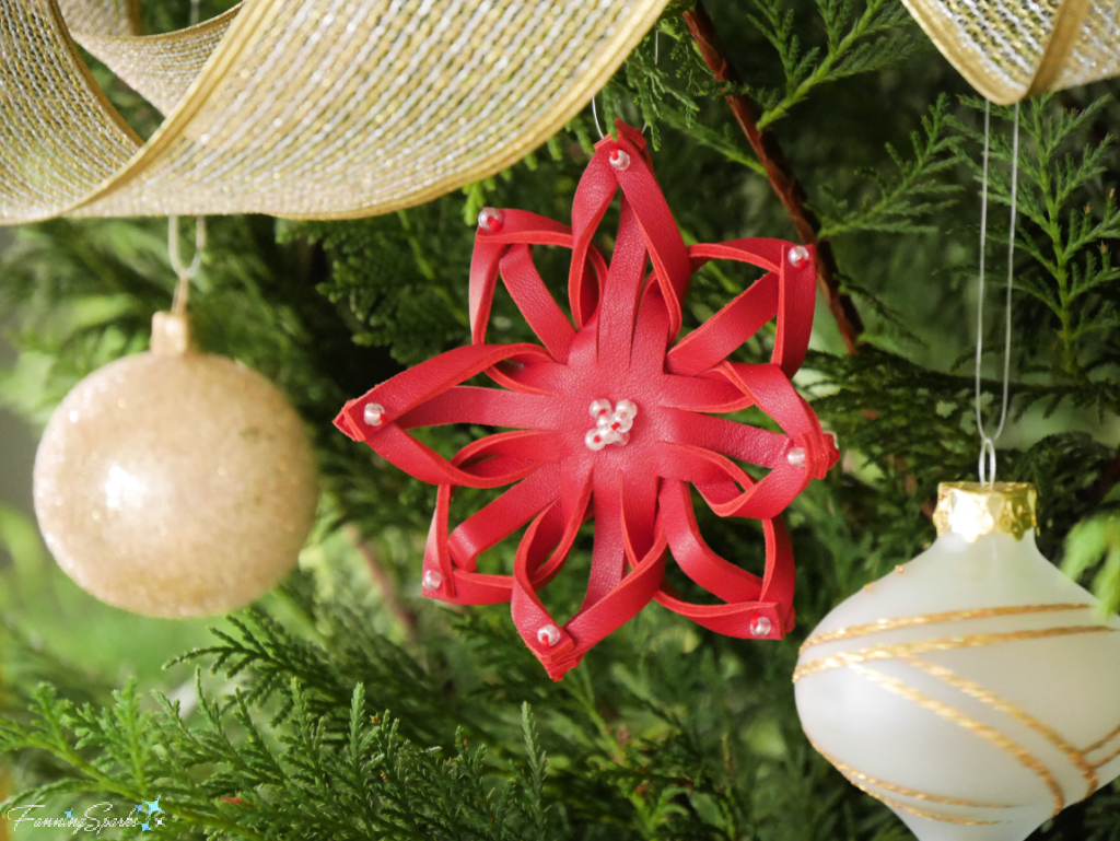 Red Leather Snowflake Ornament on Christmas Tree   @FanningSparks 