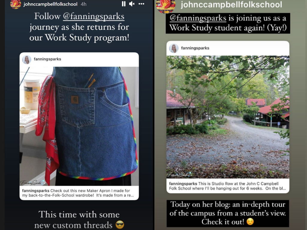 Folk School Instagram Story Shout-Outs   @FanningSparks   