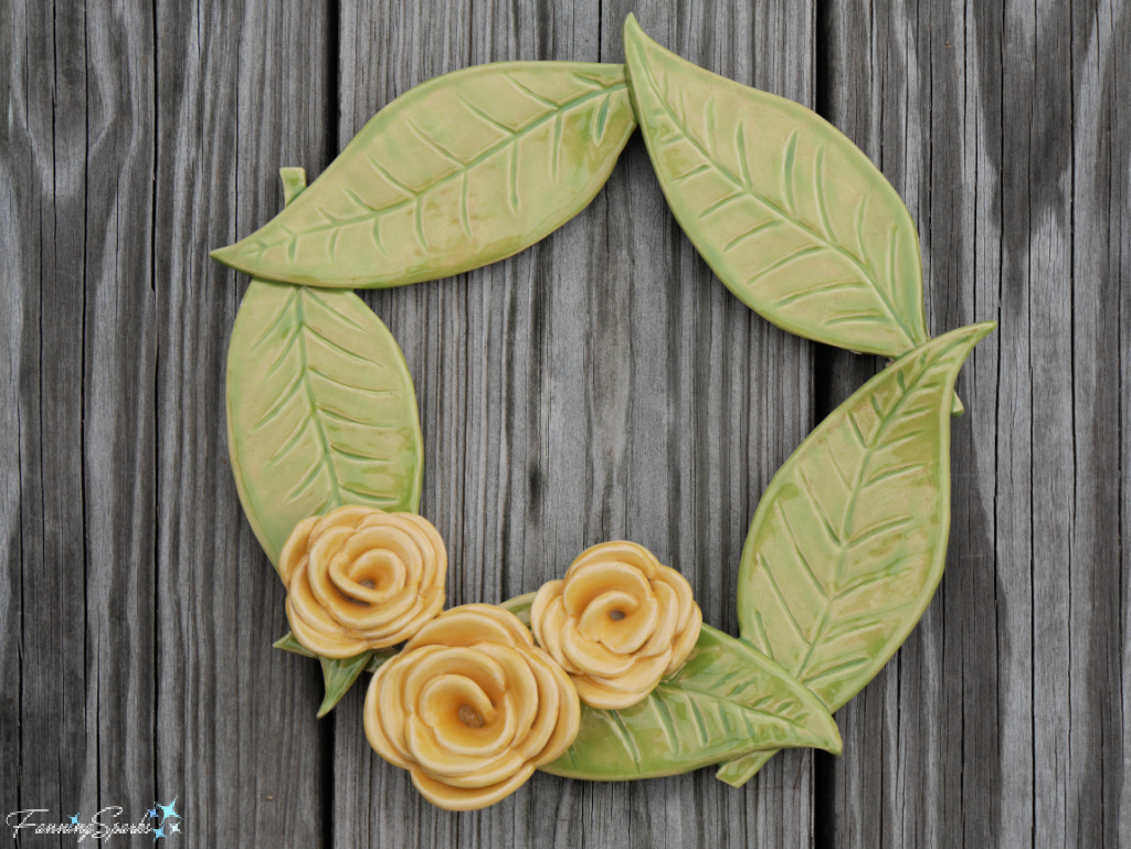 Ceramic Leaf and Roses Wreath on Weathered Boards   @FanningSparks