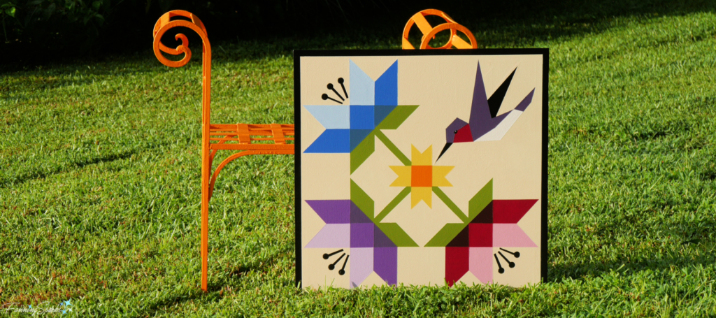 My Finished Lilies & Hummingbird Barn Quilt Block with Bench @FanningSparks