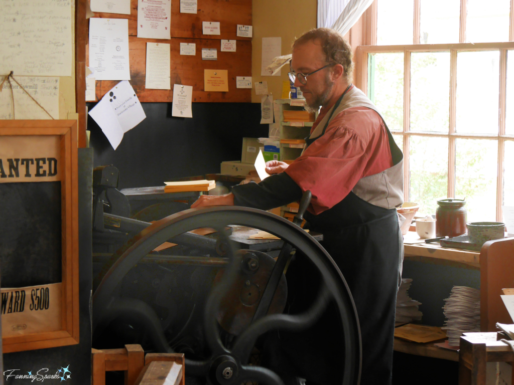 Apprentice Fred Working Printing Press in Sherbrooke Village   @FanningSparks