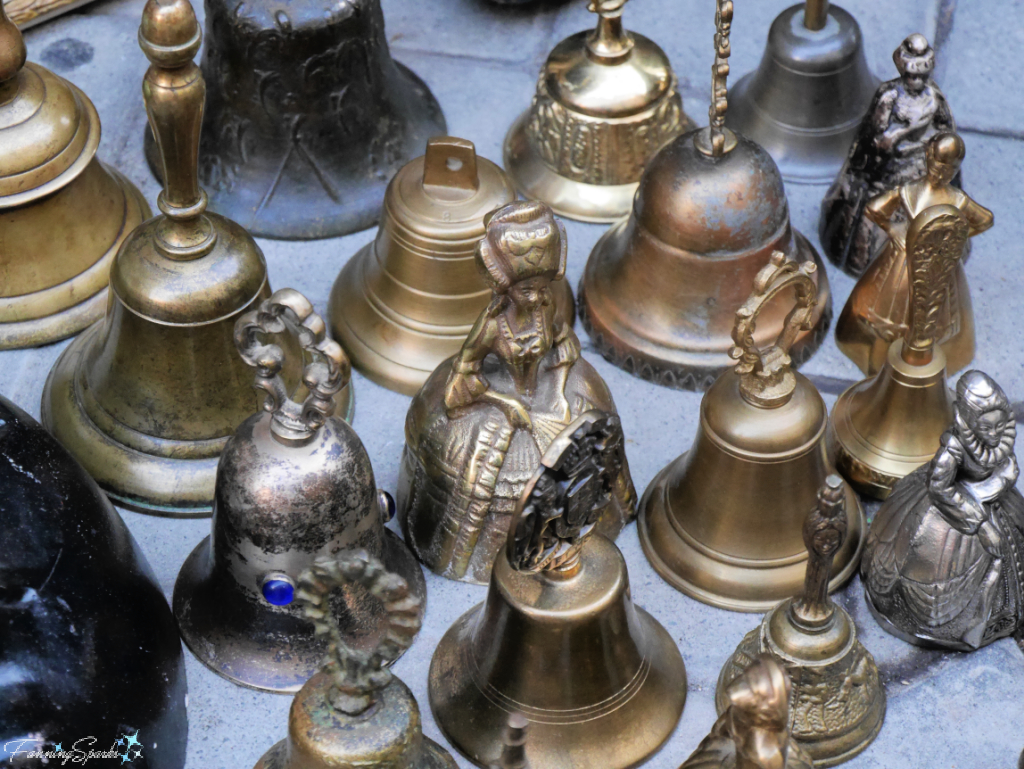 Selection of Brass Hand Bells at El Rastro Flea Market in Madrid Spain   @FanningSparks