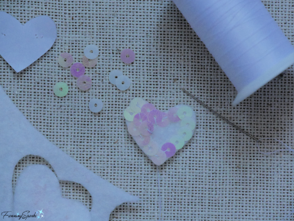 Adding Sequins to Heart Embellishment for Froufrou Sachet   @FanningSparks