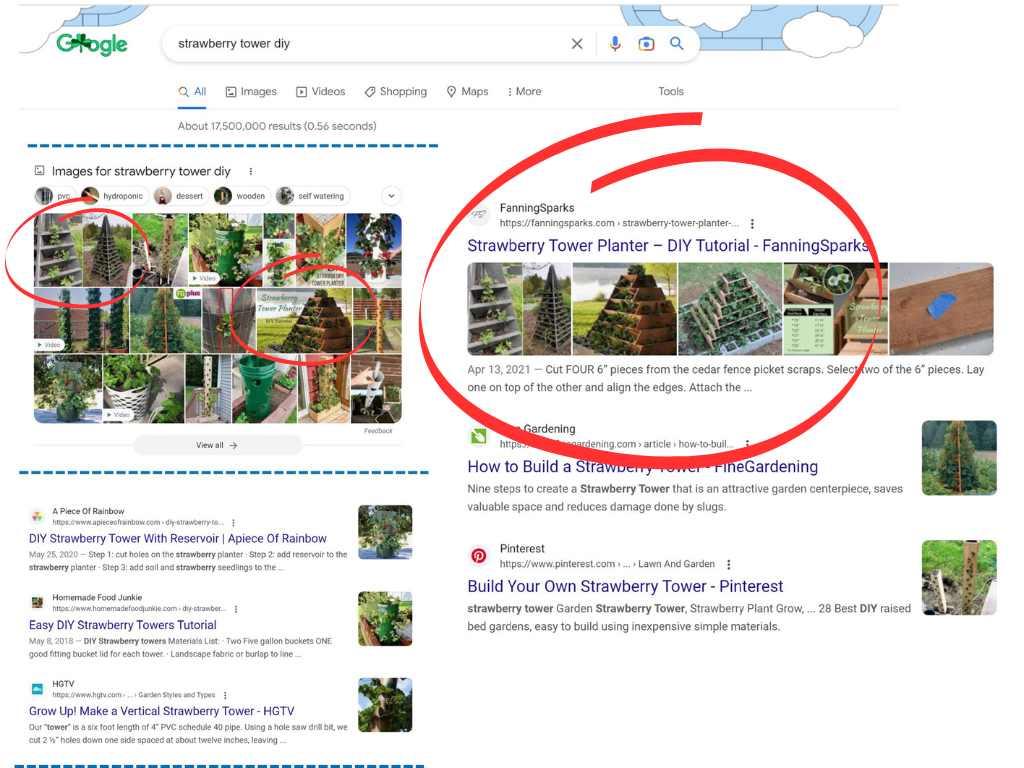 Google Search for Strawberry Tower DIY - as of March 17 2023   @FanningSparks