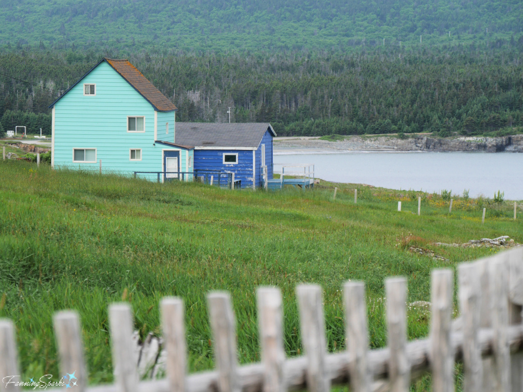 Turquoise Salt Box House with Blue Shed in Newfoundland   @FanningSparks