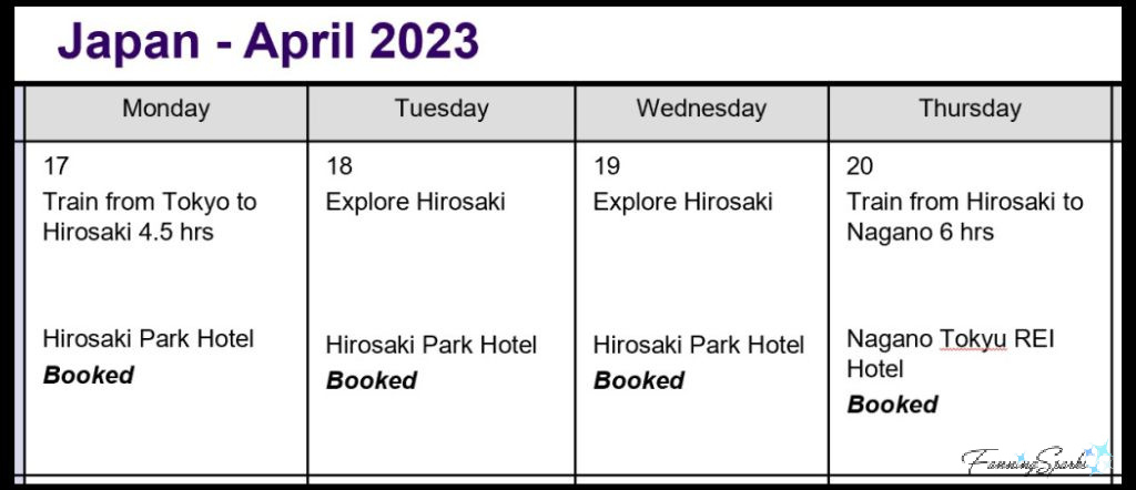 Travel Calendar Snippet - Hirosaki Japan   @FanningSparks